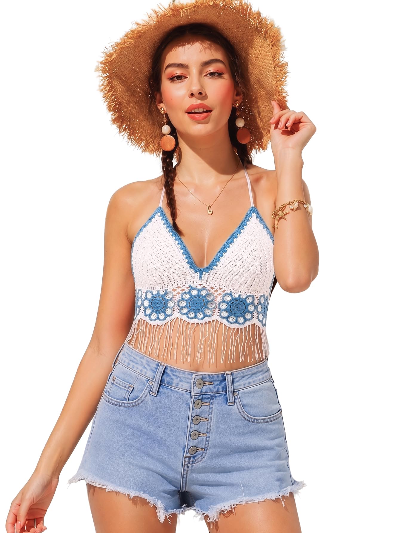 Summer Crochet V-Neck Tops Boho Sleeveless Backless Fringe Trim Cami Tank Crop Top Women's & Girl's-image-26