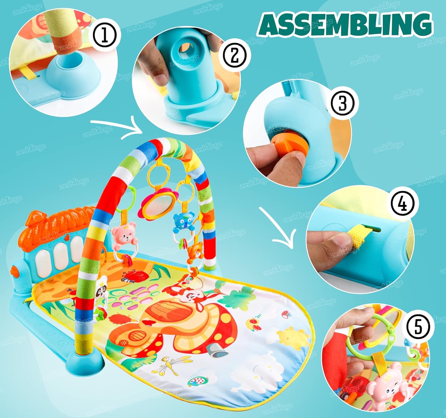 Zest 4 Toyz Baby Play Mat Gym & Fitness Rack with Hanging Rattles Lights & Musical Keyboard Mat Piano Multi-Function (Made in India) - Image 8 thumbnail