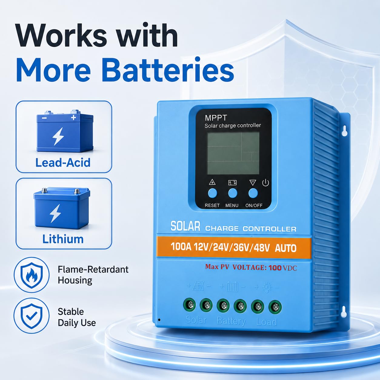 80A MPPT - Regulador de carga solar (12 V, 24 V, 36 V, 48 V, con pantalla LCD, para baterías de plomo de litio) | Detección automática, montaje compacto en pared, datos claros en tiempo real