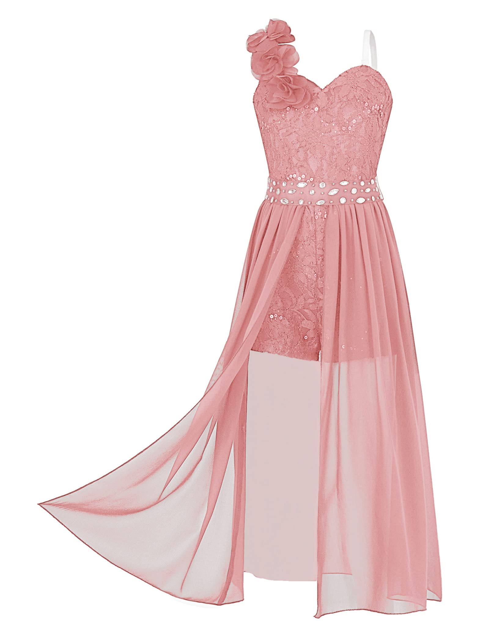 Hedmy Mono Elegante de Fiesta para Niña Vestido Encaje de Gasa con 3D Flor y Cintura Brillante Vestido Largo de Dama de Honor Desfile Flores Niña 5-16 Años