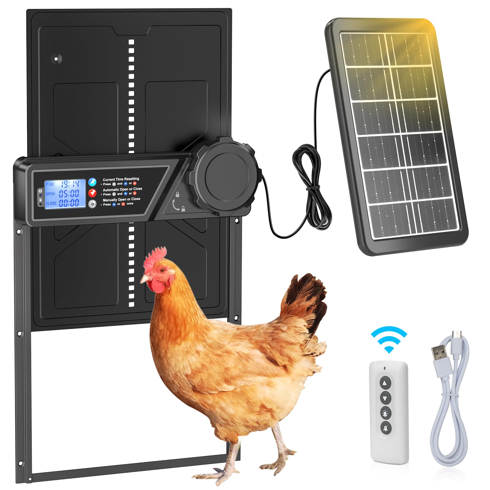 Automatic Chicken Coop Door Solar Powered, LCD Display Automatic Chicken Coop Door with Timer, Waterproof Aluminum Alloy Chicken Door with Remote