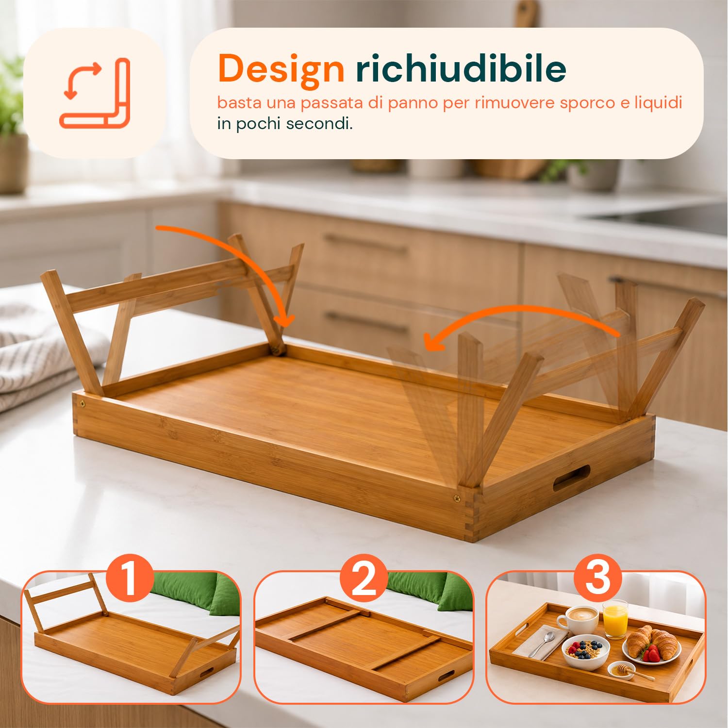 Avilia Vassoio per Colazione a Letto in Bambù con Piedini Pieghevoli - Elegante Tavolino da Letto per Colazione - Vassoio Multifunzionale - 50x30x21cm (Legno Naturale)