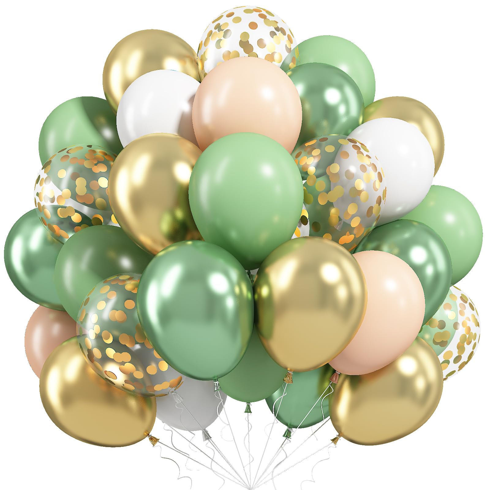Sage Green Gold Balloons, 12 Inch 60 Pcs Metallic Olive Green White Gold Confetti Balloons Retro Green Balloons for Jungle Safari Birthday Camp