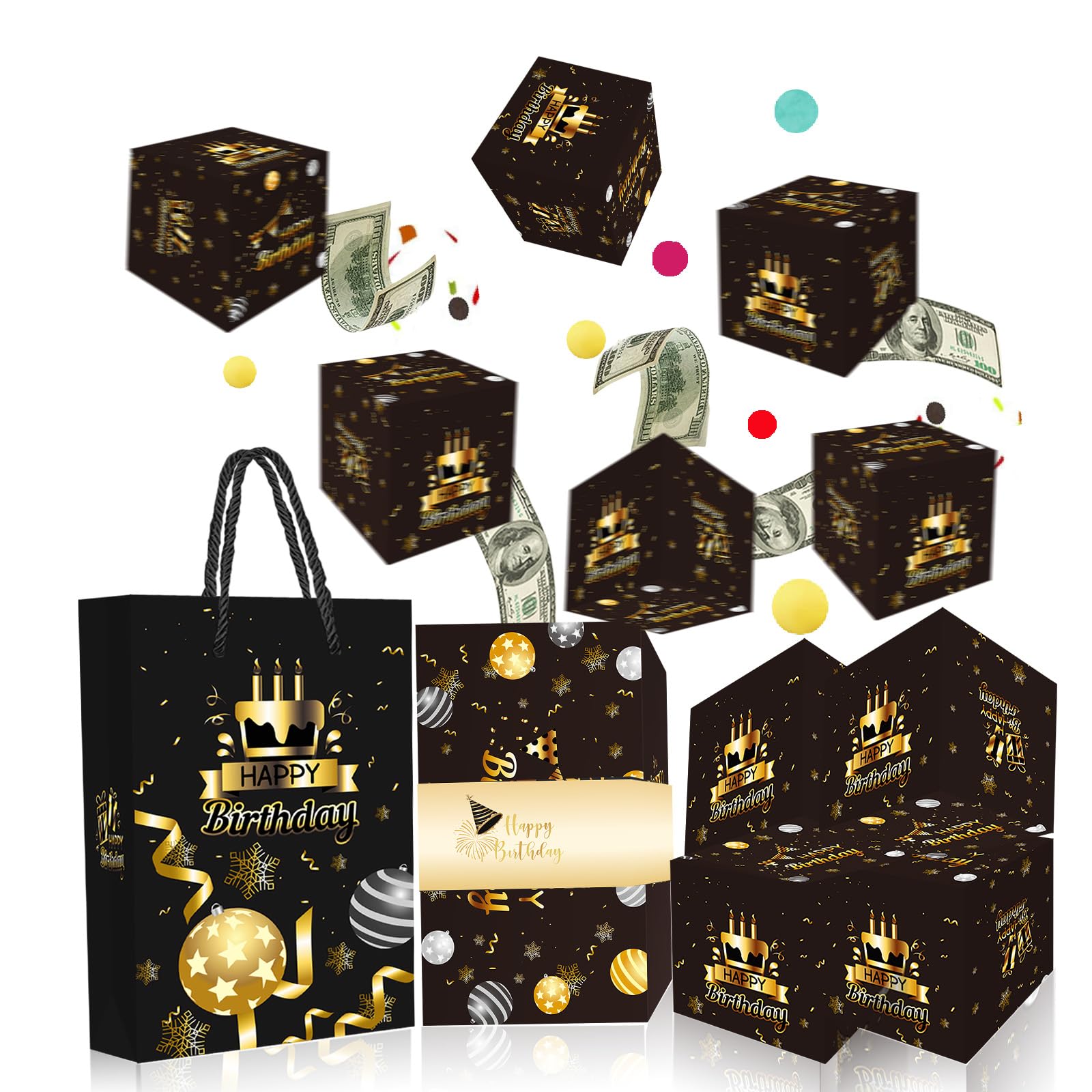 Birthday Surprise Money Explosion Box,Black Gold Pop Up Cash Gift Box 10Pcs Explosion Gift Boxes with Confetti,Folding Bouncing Cash Boxes Money GiftBox for Cash Gifts 18th (A)