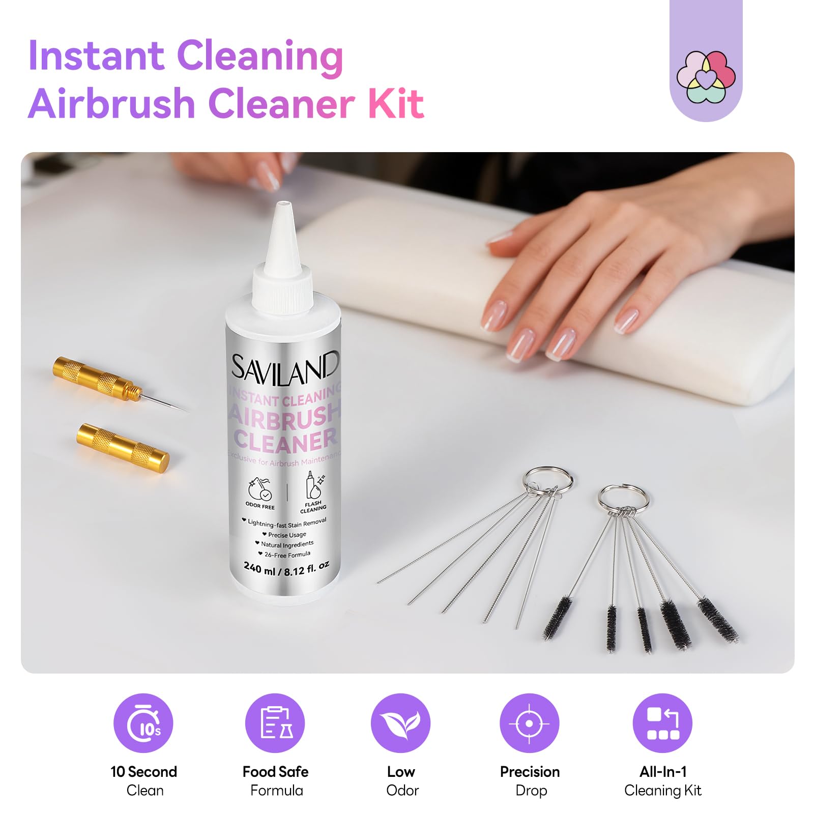 SAVILAND Airbrush Cleaner Kit: Nettoyant Puissant à Action Rapide Solution Nettoyante Sans Odeur les Encres à Base d'Eau, les Peintures Acryliques, les Encres Aquarelle, les Gels pour Airbrush