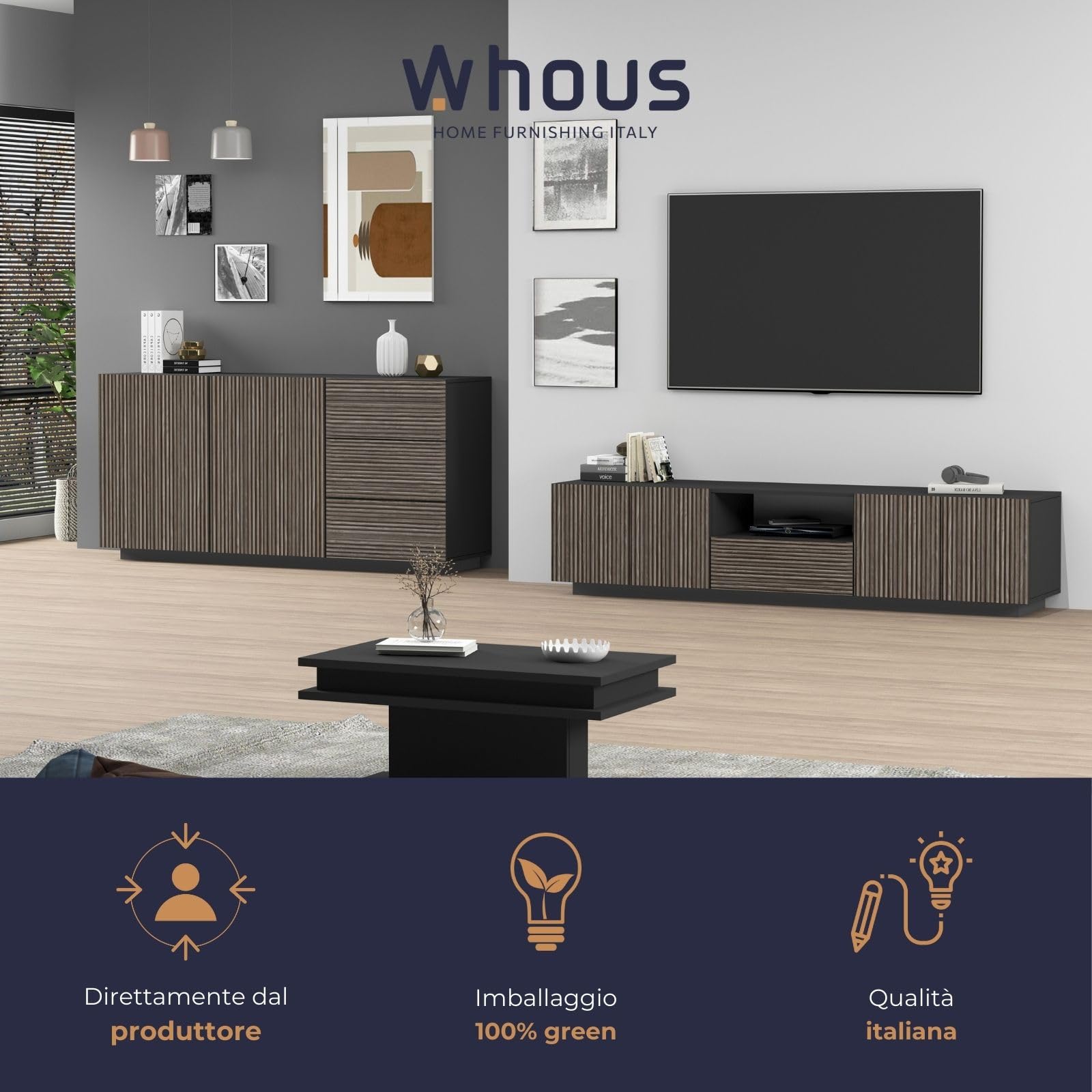 WHOUS Mobile Porta TV COSTE per Soggiorno con 4 Ante e 1 Cassetto, Mobile Tv in Stile Canneté per Salotto in Legno, 220,1x43x46 cm, Antracite Opaco e Legno Scuro