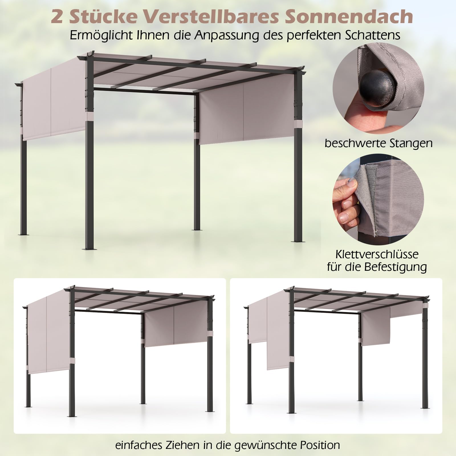 COSTWAY Pergola mit 2 verstellbaren Dächern, 3,05x3,05m Pavillon wasserdicht stabil Winterfest, Gartenpavillon mit robusten Metallsäulen für Terrasse, Garten, Deck (Grau)