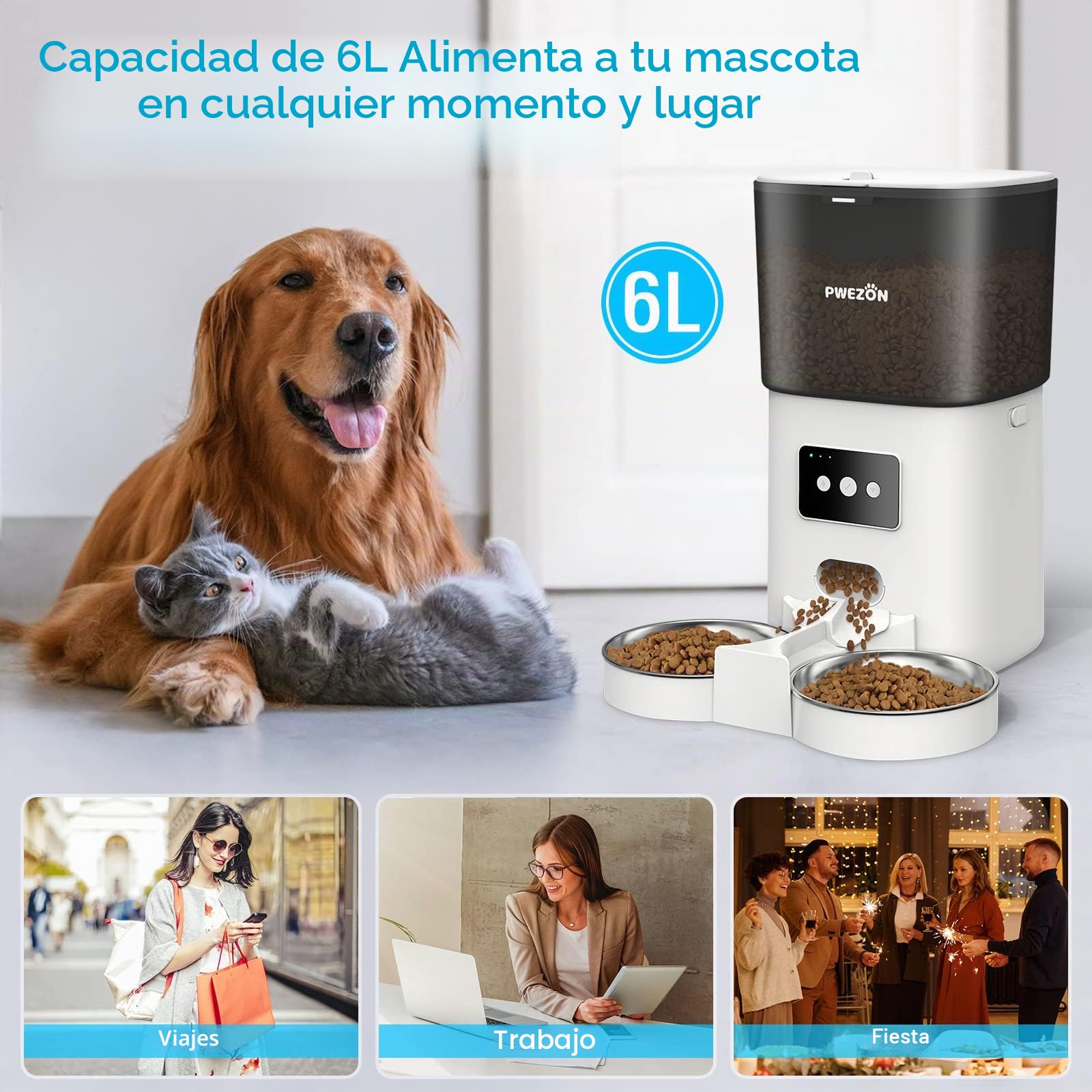 6L Comederos Automáticos para Gatos y Perros con Dos Tazones, PWEZON Inteligente WiFi Dispensador de Alimentación Automático para Dos Mascotas, Temporizador, Control de Porciones, Grabadora de Voz