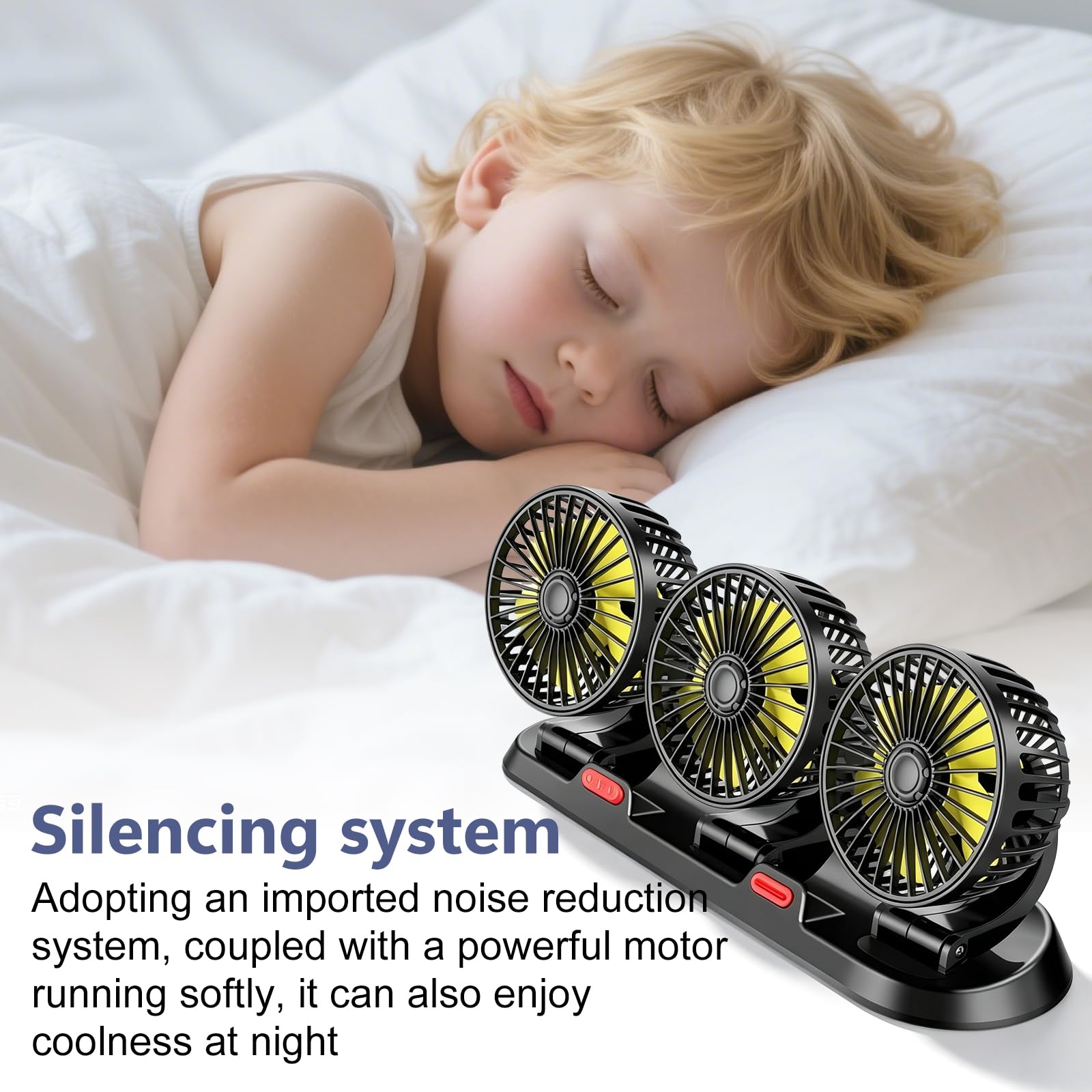 Ventilateur de voiture à trois têtes : ventilateur 12 V 3 vitesses, ventilateur de voiture universel avec ventouse, peu de bruit, ventilateur d'été pour voiture, camionnette, SUV, RV, bateau