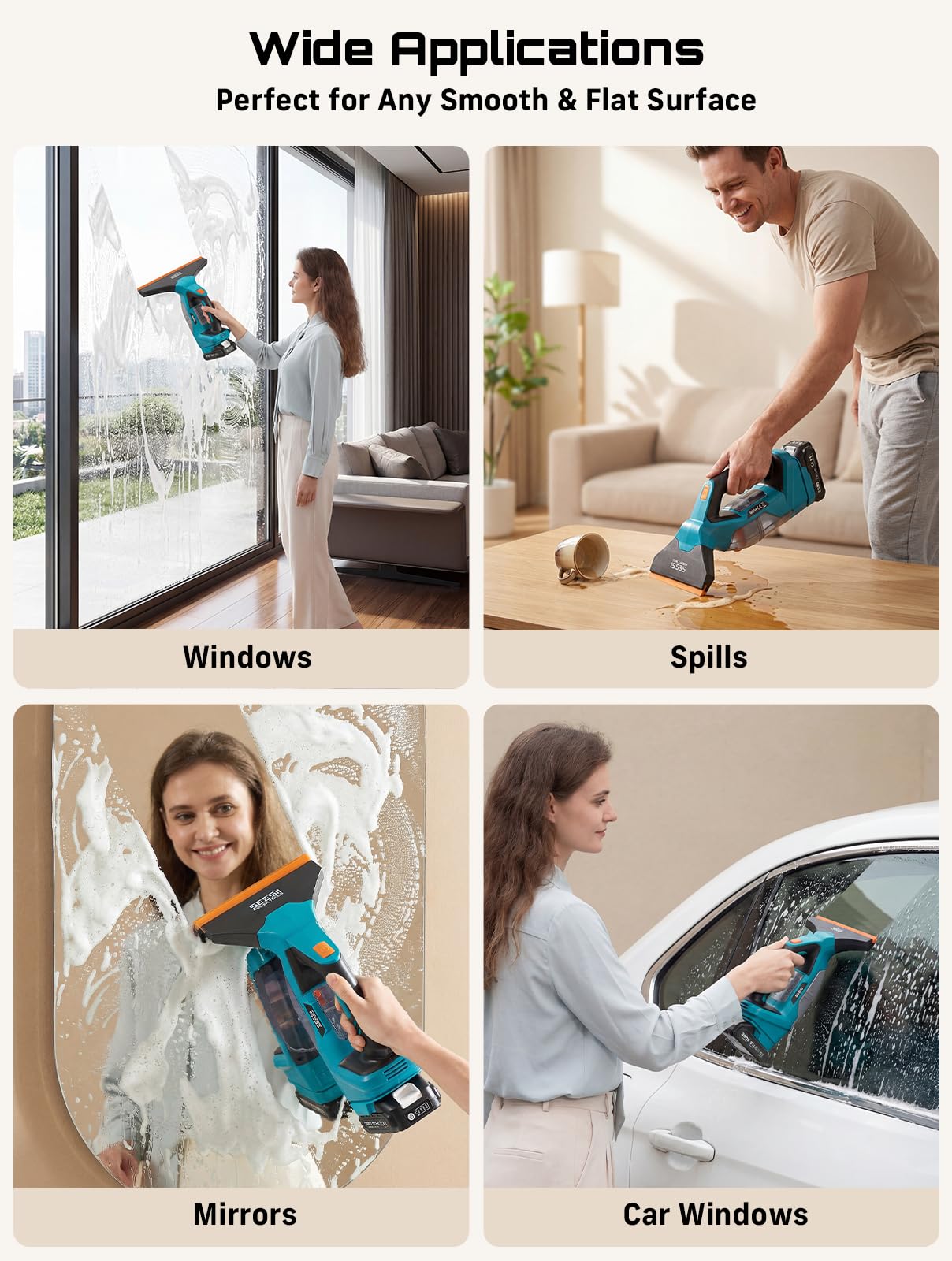 Seesii Nettoyeur de Vitres sans Fil, Autonomie 120 Min, 2 Buses d'Aspiration 28-17 cm, Aspirateur de fenêtre, Réservoir Amovible de 150 ML, Convient pour fenêtres, Carreaux et miroirs