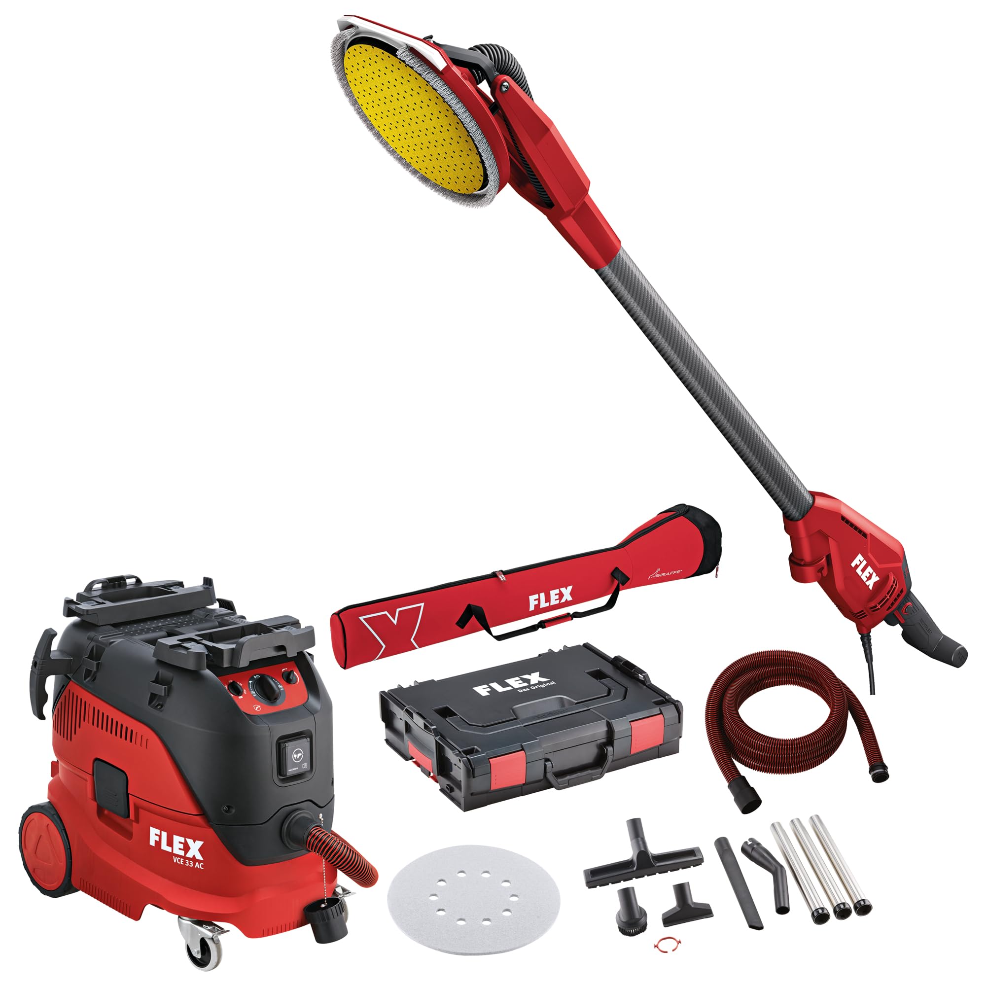 Flex Giraffe GE 6 R-EC + Sicherheitssauger VCE 33 M AC Set + Schleifpapier (Wand- und Deckenschleifer Giraffe inkl. Schleifpapier + Sicherheitssauger 30 l, Klasse M, Trockenbau Schleifgerät) 533564