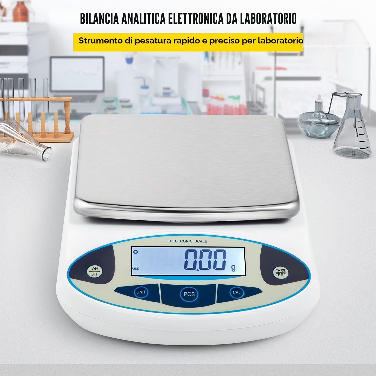 VEVOR Bilancia Analitica Digitale per Laboratorio Max Capacità 5000g, Bilancia Chimica Alta Precisione 0.01g, Tecnica applicata a Laboratori, Università, Aziende, Industrie, Gioiellieri, bianco