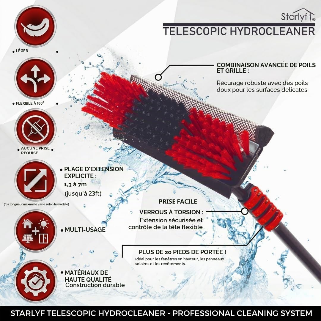 STARLYF Balai télescopique pour Nettoyage Telescopic Hydrocleaner - jusqu'à 7 MTS - alimenté par l'eau, doseur de Savon, pour Panneaux solaires, Lavage de Camion, fenêtre (7 m)