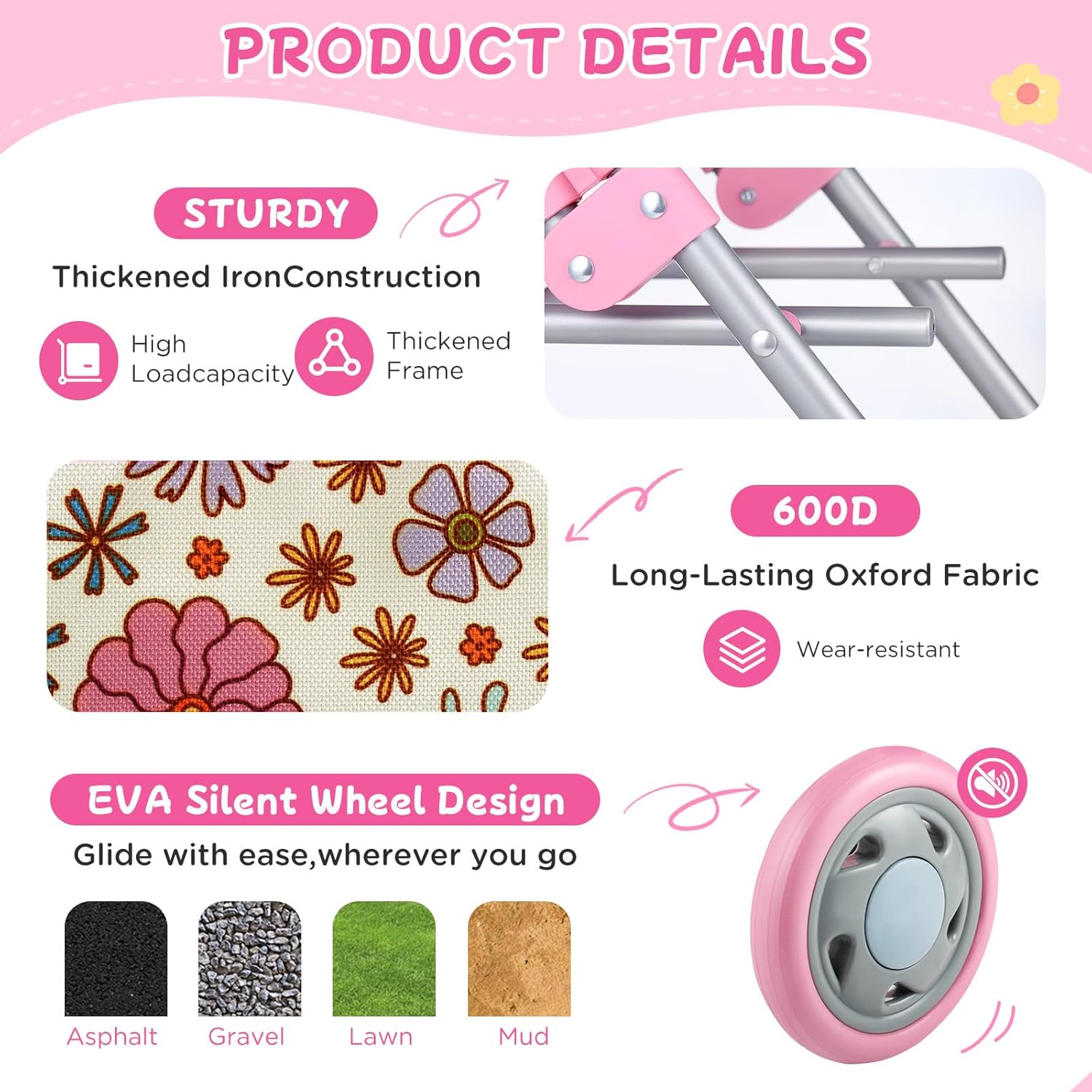 GAGAKU Baby Doll Stroller, Foldable Toy Stroller with Storage Basket and Bag, Diaper, Reborn Doll Accessories for Girls & Kids Ages 3+, Daises Pattern