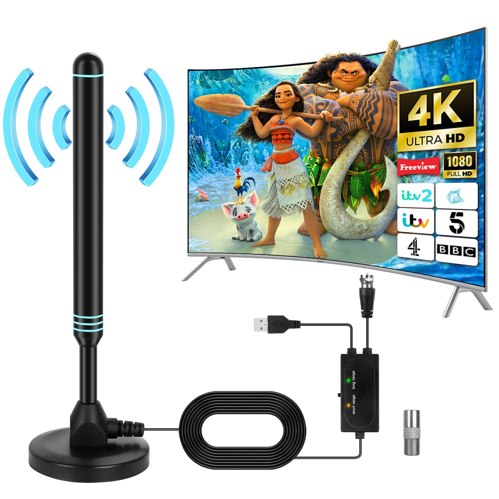Antenna TV Interna DAJASD DVB-T2 – Amplificata, Base Magnetica, Cavo 5m, Ricezione HD 4K Fino A 80 Miglia