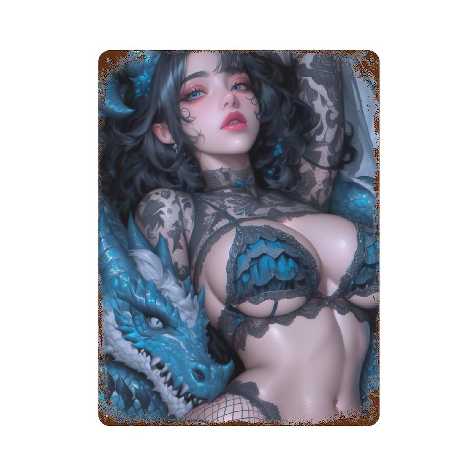 Garage Style Dragon And Woman Distressed Metal Wall Sign 15.7"x11.8", Shabby Chic Decor for Bar And Workshop