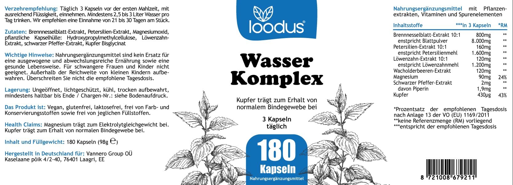 Wasser Komplex - 180 Brennnessel Extrakt Kapseln mit Petersilie Wacholderbeeren Löwenzahn Magnesium sowie Kupfer für das normale Bindegewebe - ohne chemische Entwässerungstabletten stark von loodus®