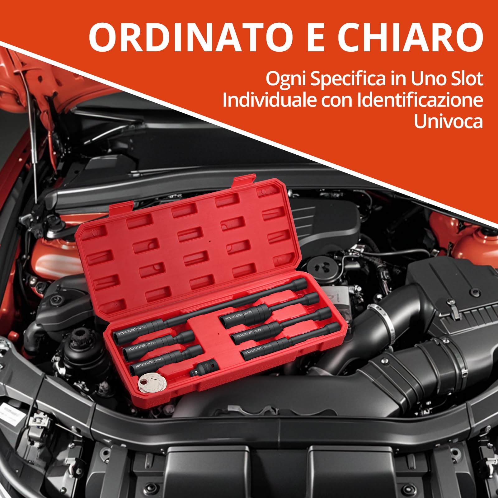 GETLITOOL Set 6pz Chiavi Candele 14/16 mm con Adattatore 1/2" a 3/8" e Spessimetro, 6X Bussole Lunghe per Candelette Auto 10/15/28 cm Chiave Magnetica Girevole 360° in CVR con Valigetta