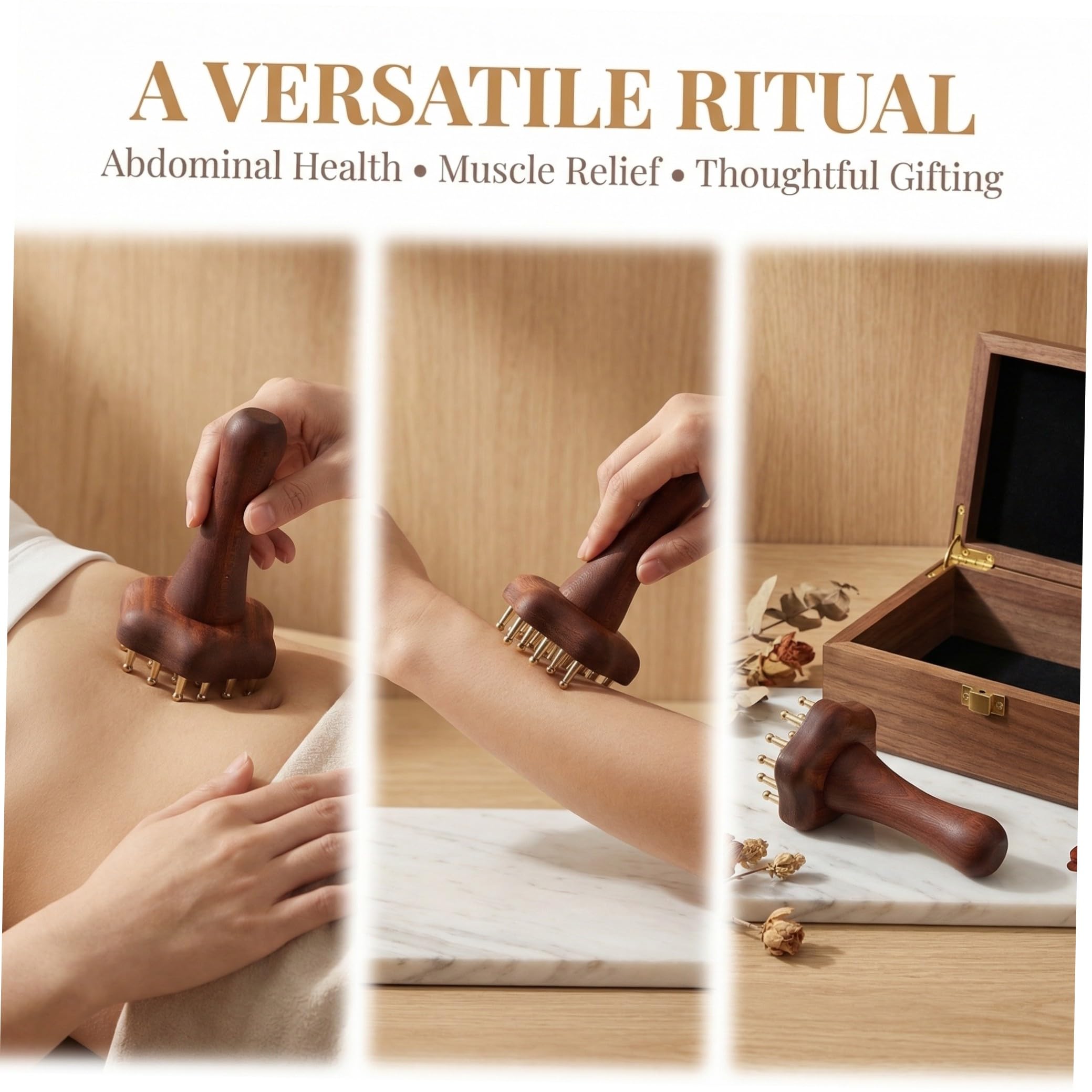 CALLARON Cepillo ergonómico de latón y madera con 24 dientes para masaje abdominal y cuidado de cuello, adecuado para spa en casa, pack doble