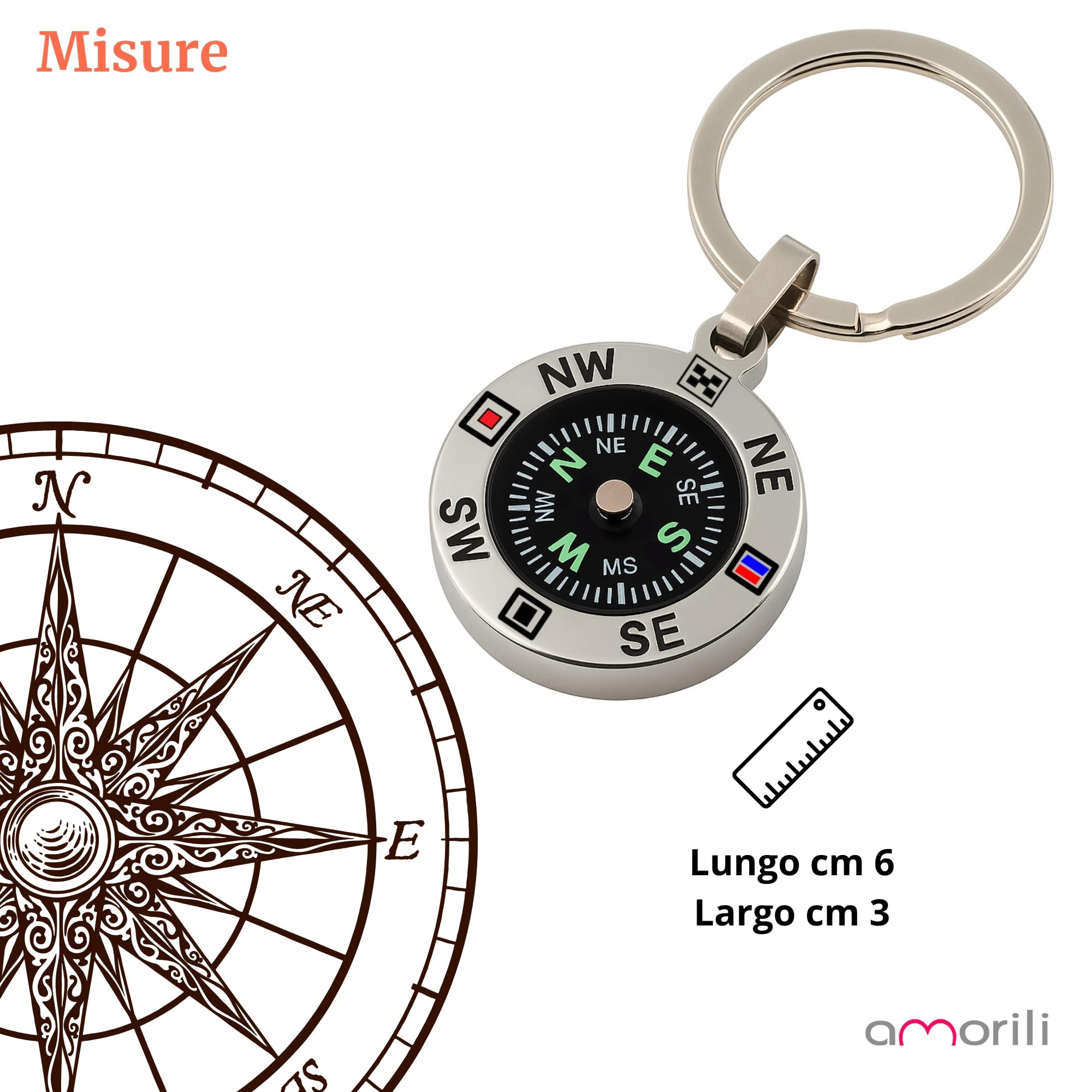 Portachiavi Uomo con Bussola Marinara in Acciaio Inossidabile – Idea Regalo Nautica – Accessorio Elegante per Marinaio, Viaggiatore, Amante del Mare - prt0092