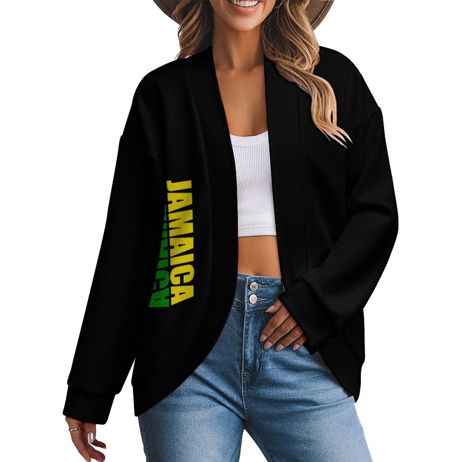 Jamaican Flag Knit Sweater Cardigan for Women Open Front Vintage Knitwear Cardigans