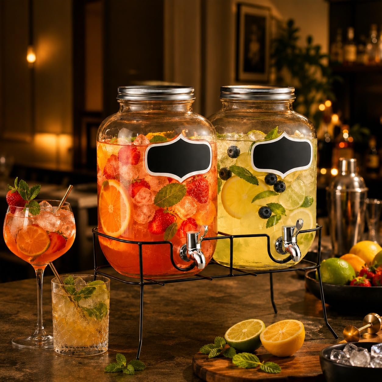 Set 2 Dispenser Bevande in Vetro da 4L con Rubinetto e Supporto in Metallo, Capacità Totale 8L, Fontana per Bevande con Etichette Scrivibili, per Acqua, Limonata, Succhi, Cocktail e Feste