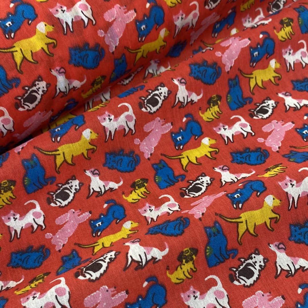 Kayes Textiles Red Polycotton Fabric, Puppy And Kitten Print, 44''/112Cm Wide