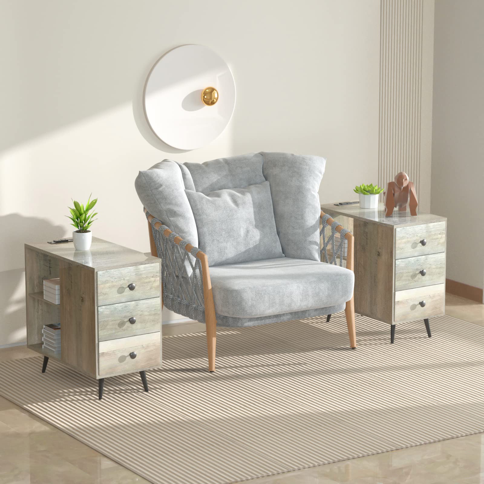 HOSEOKA End Table with Charging Station, Side Table with 3 Drawers with USB Ports & Power Outlets Bedside Table with Double Layer Storage, Nightstand Sofa Table for Living Room, Grey