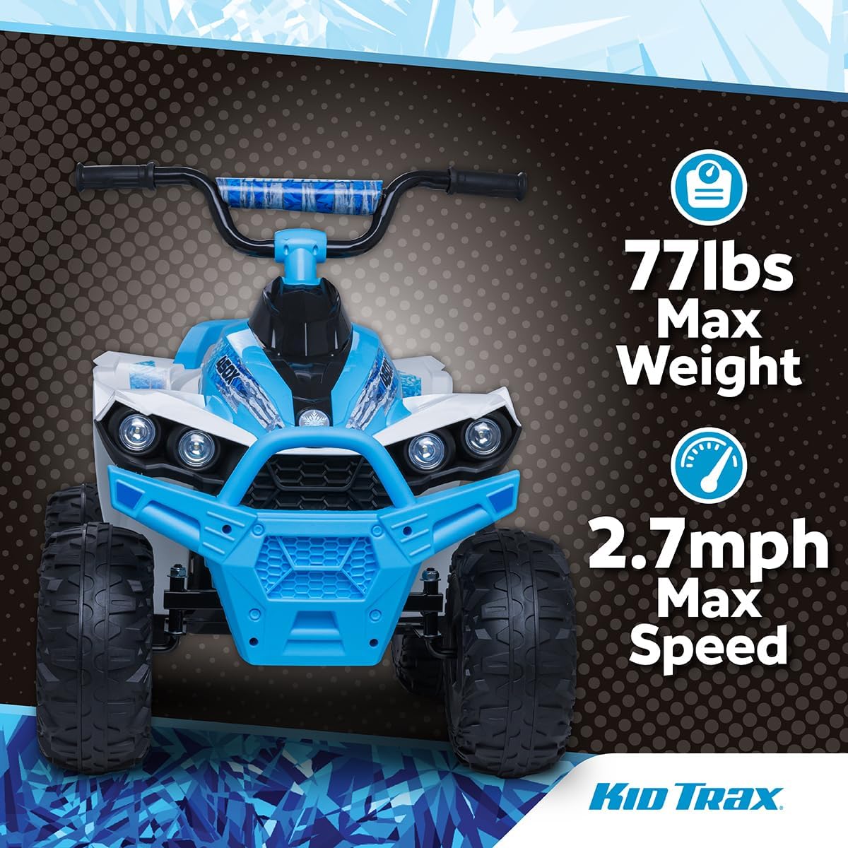 Kid Trax 12V ATV showing 77 lbs max weight and 2.7 mph max speed