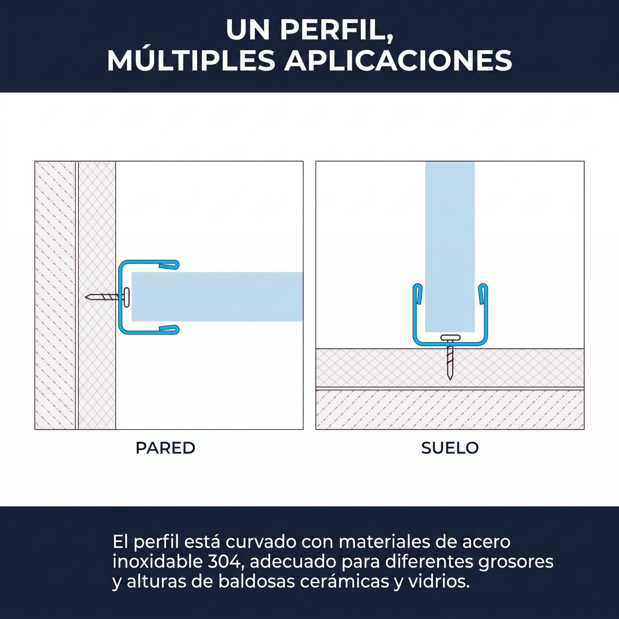 Perfil de conexión a pared con guía de cristal 200cm x 12mm x 11mm