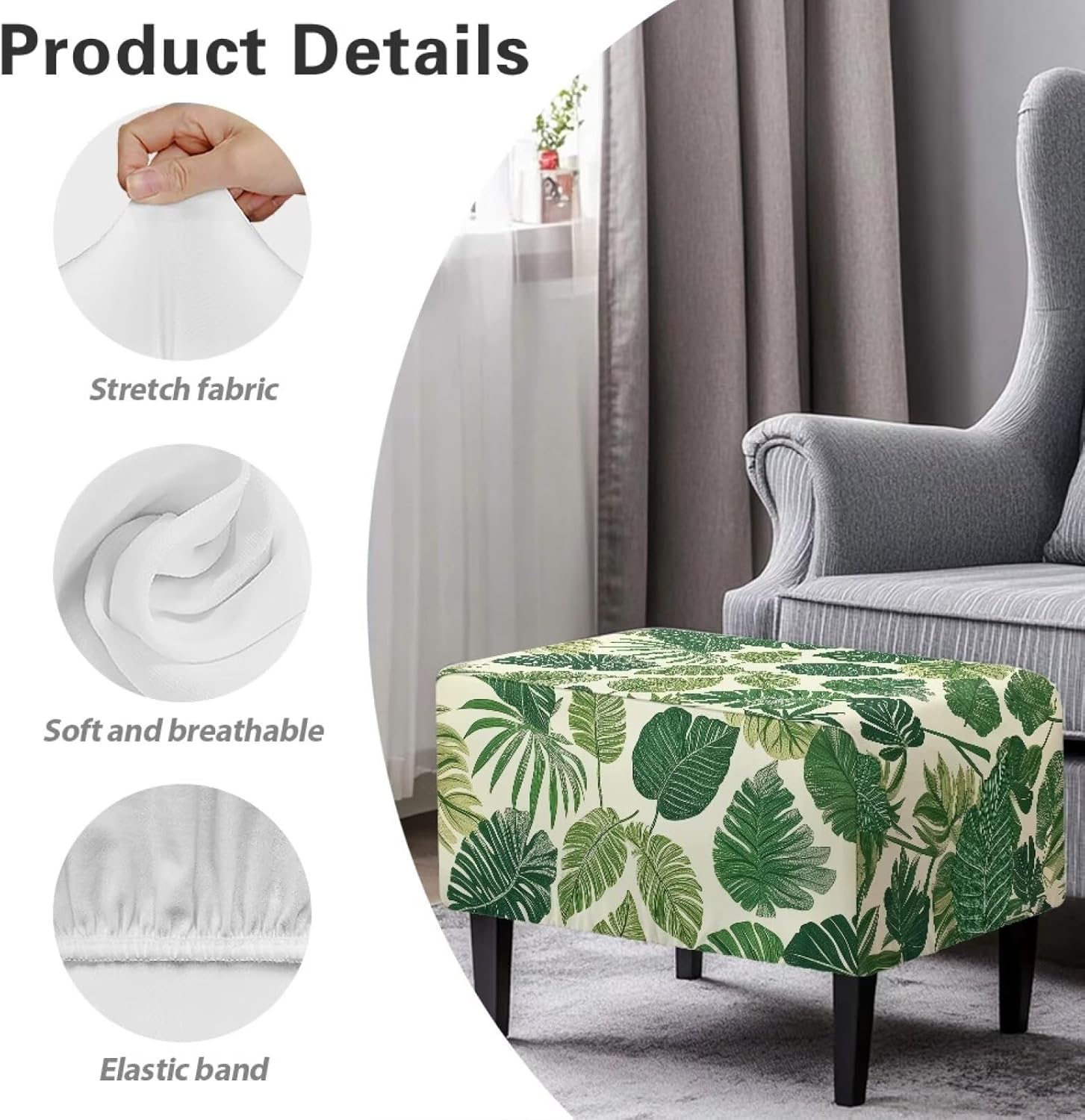 Talayituse Tropical Monstera Palm Leaf Print Ottoman Cover Stretch Rectangle Ottoman Slipcover for Foot Stool, Anti-Scratch Folding Storage Furniture for Living Room with Nonslip Elastic Bottom, Large