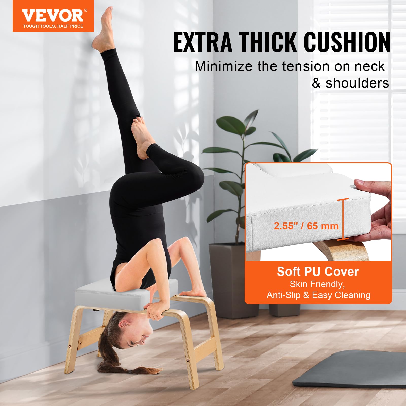 VEVOR Panca per Verticale Yoga Carico di 136 kg Sedia da Yoga per Inversione per Palestra di Famiglia, Struttura in Legno, Cuscinetto in PU, per Allenamento di Forza Equilibrio, Allevia Fatica, Bianco