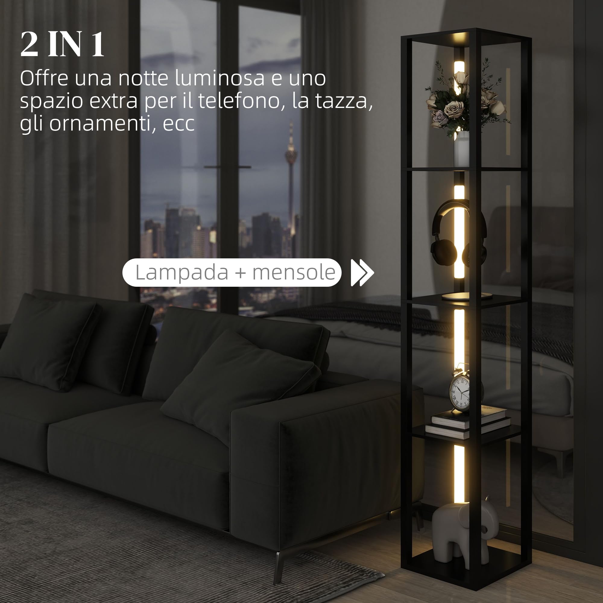 HOMCOM Lampada da Terra con 4 Ripiani Luce Dimmerabile 29x29x163 cm Nero | 3 Luminosità Regolabili, Interruttore a Pedale, Piantana Lampada da Terra, per Soggiorno, Salotto e Camera
