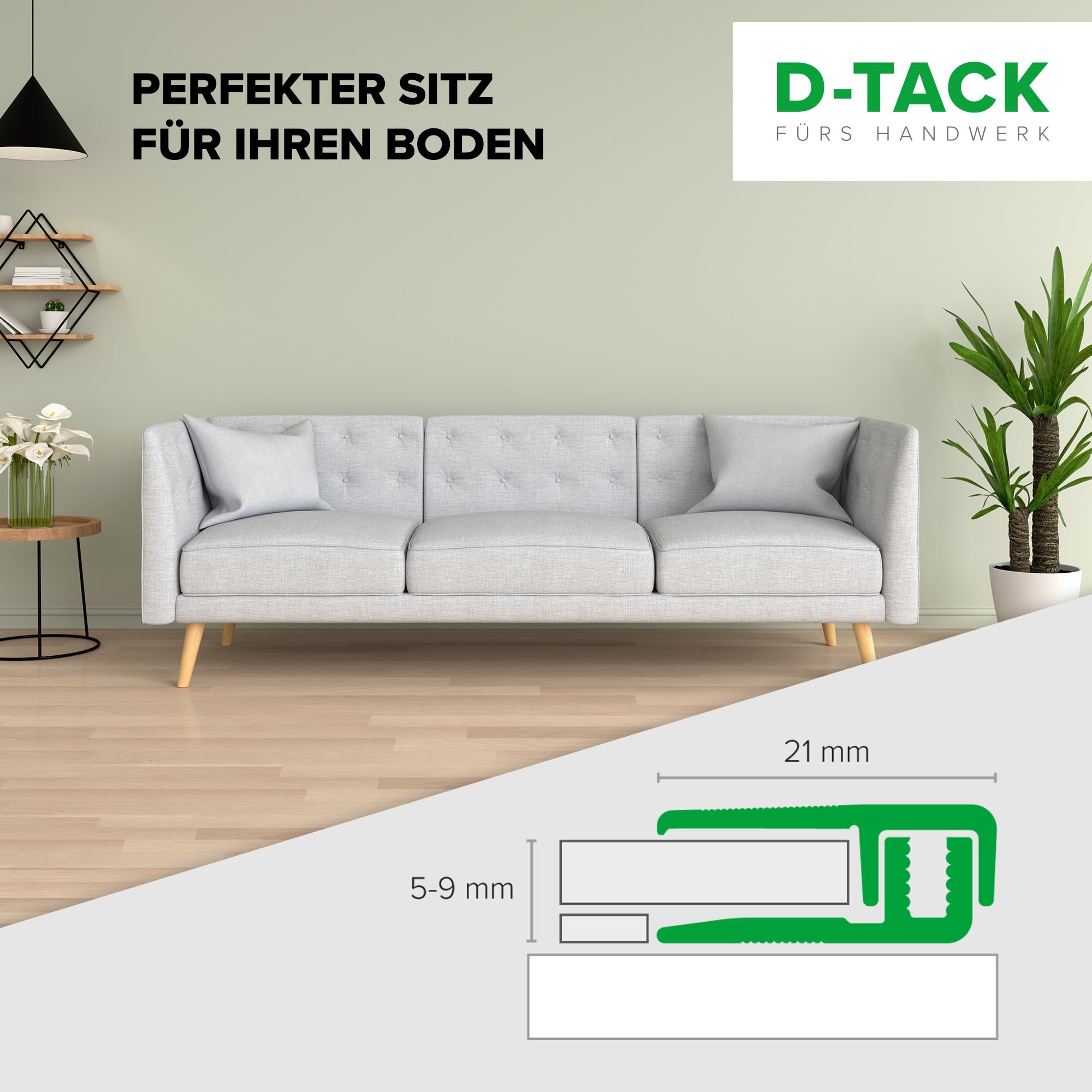 D-TACK Abschlussprofil zum Schrauben inkl. Schrauben & Dübeln | Aluminium-Bodenleiste | Breite 21 mm | Länge 1 m | Belagsstärke von 5 bis 9 mm | Endschiene für Vinyl- / Design- / Textilböden | Silber