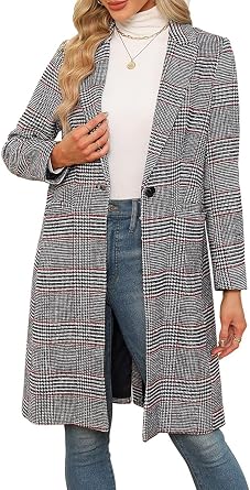 CHICZONE Womens Notch Lapel Wool Blend Pea Coat Single Breasted Long Plaid Jacket Winter Houndstooth Coat 3XL