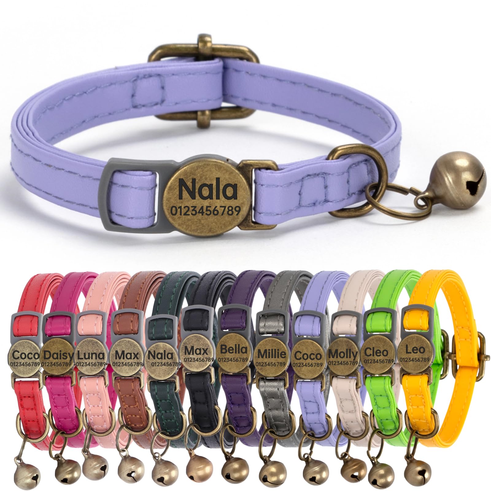 Genuine Leather Cat Collar Quick Release with Personalised Name Tag, breakaway Kitten Collars with Removable Bells & Safety Release, Engraved buckle, 19-30 CM Adjustable, (Vintage Purple) — image 1