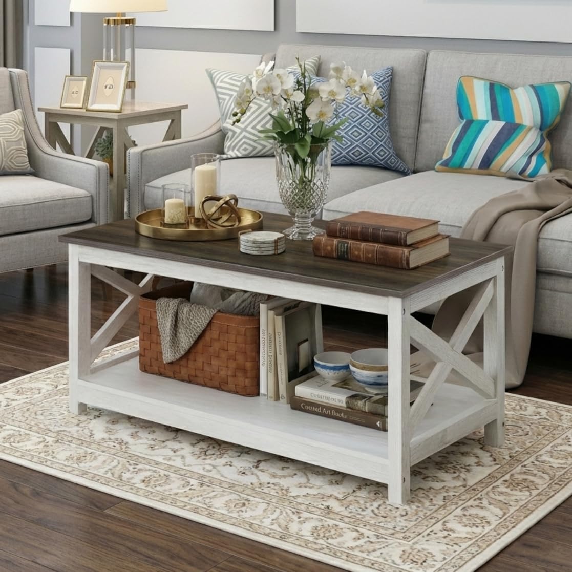 Rainbow Sophia Coffee Table, Modern Farmhouse Wood Coffee Table with 2-Tier Storage, 40 Inch, Sargent Oak