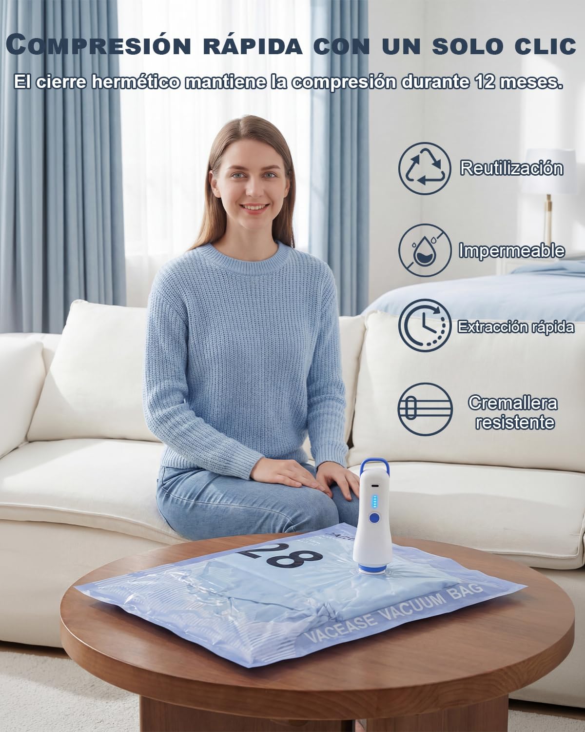 Raplink Bolsas Vacio Ropa con Bomba Eléctrica, 8 Bolsas Vacio Ropa Viaje (4 * 100x80cm, 4 * 74x54cm), para Viajes, Mudanzas y Almacenamiento — view 5