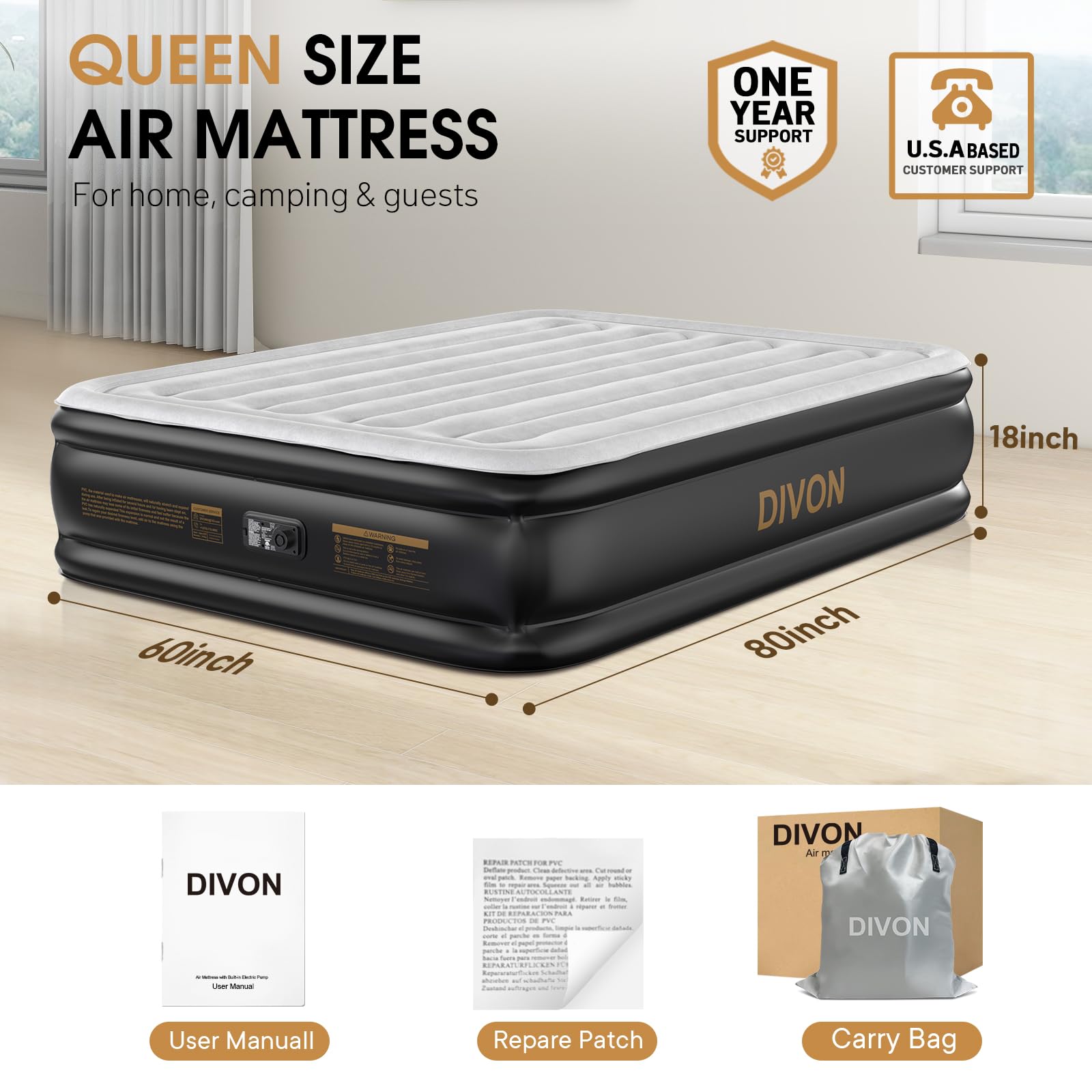 DIVON Materac dmuchany typu queen z wbudowaną pompką, dmuchany materac ze wzorem fali w 3 minuty, szybki nadmuchiwany materac 45 cm, luksusowy materac dmuchany do domu i na kemping, czarny, 400 kg
