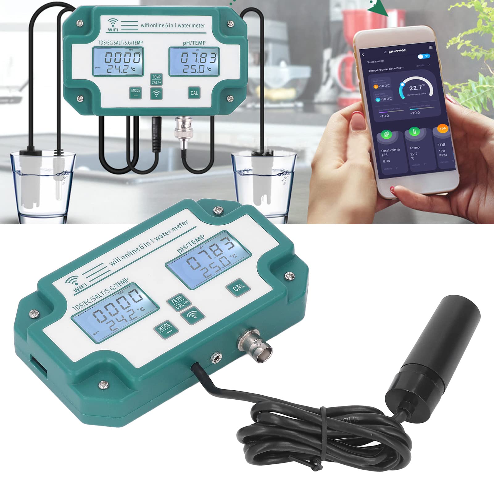Miernik Jakości Wody Wysoka Precyzja 6 w 1 PH TDS EC SG Tester Temperatury Soli Połączenie WiFi Detektor Jakości Wody do Wody Pitnej(Wtyczka UE)