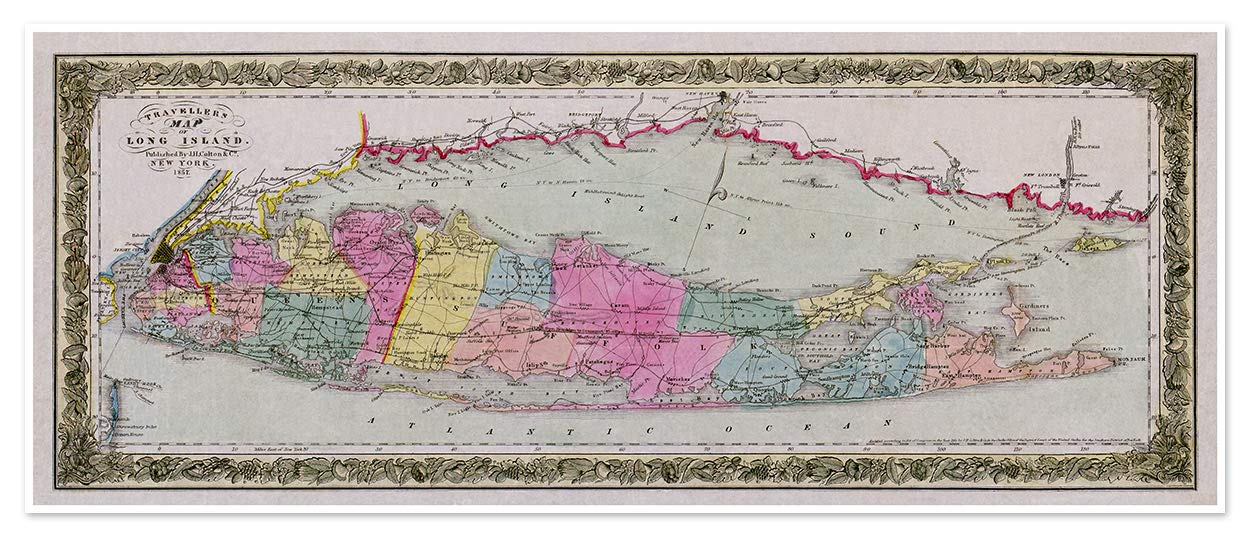 Antiguos MapsTravelers of Long Island, New York by J.H. Colton and Co. circa 1857 | Vintage Wall Decor | Art Print Poster | measures 12 x 30 inches (305 x 762 mm)