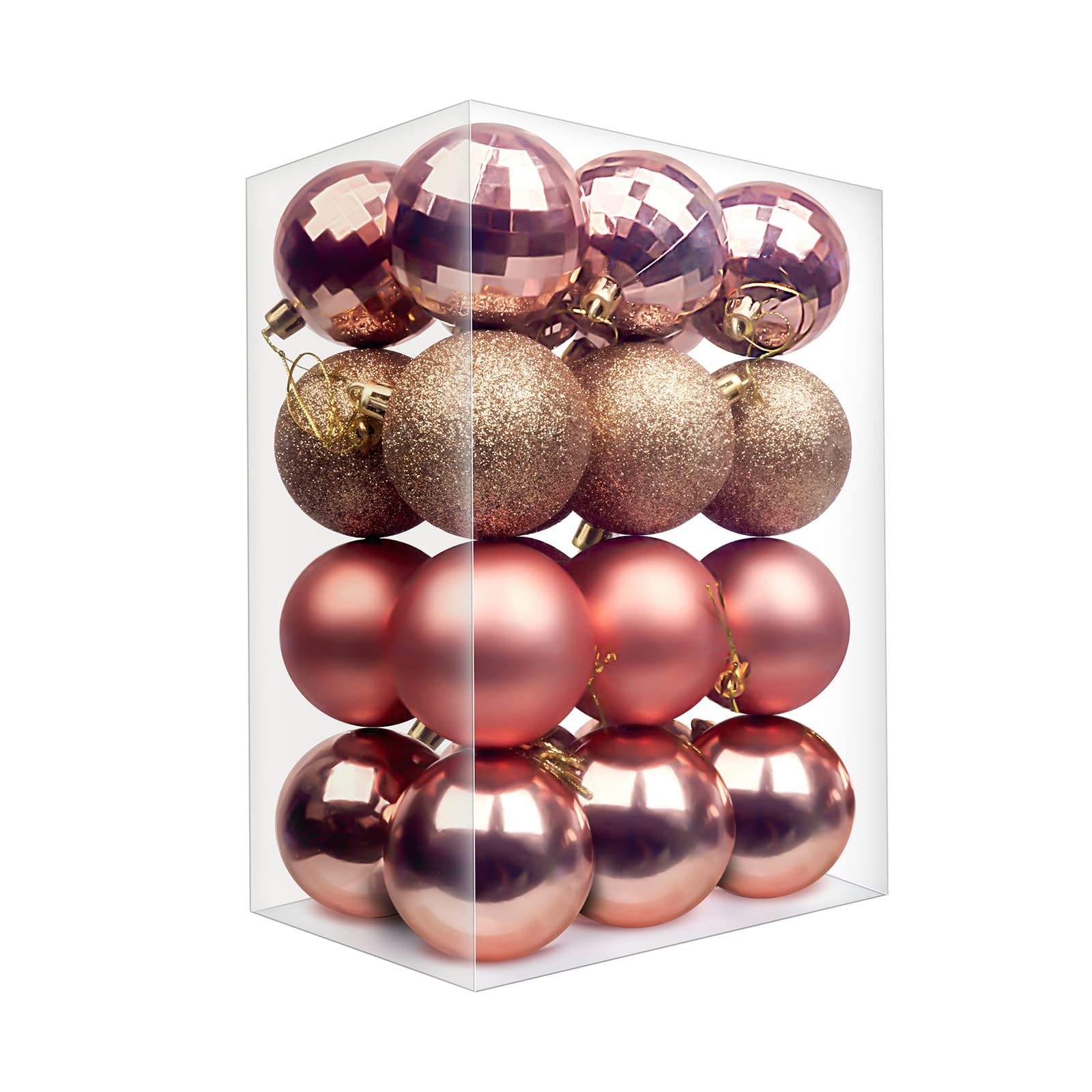 Emopeak 24Pcs Christmas Balls Ornaments for Xmas Christmas Tree - 4 Style Shatterproof Christmas Tree Decorations Hanging Ball for Holiday Wedding Party Decoration (2.4"/6.2CM, Rose Gold)