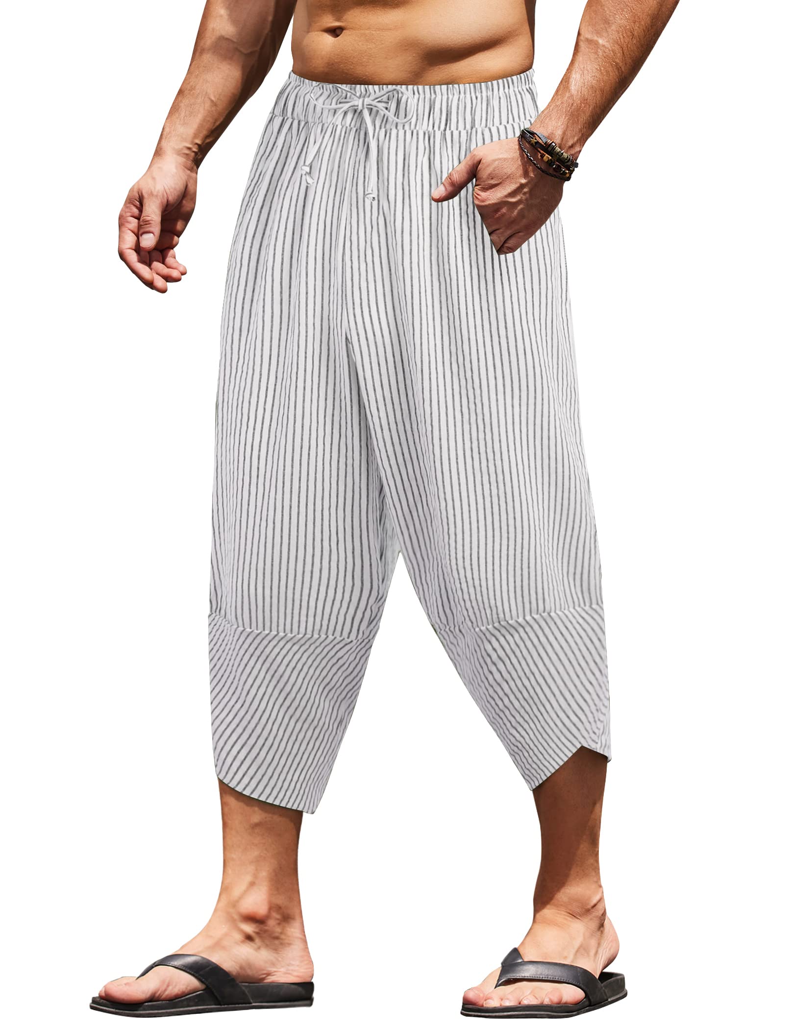 COOFANDY Men's Linen Harem Capri Pants Lightweight Loose 3/4 Shorts Drawstring Elastic Waist Casual Beach Boho Yoga Trousers
