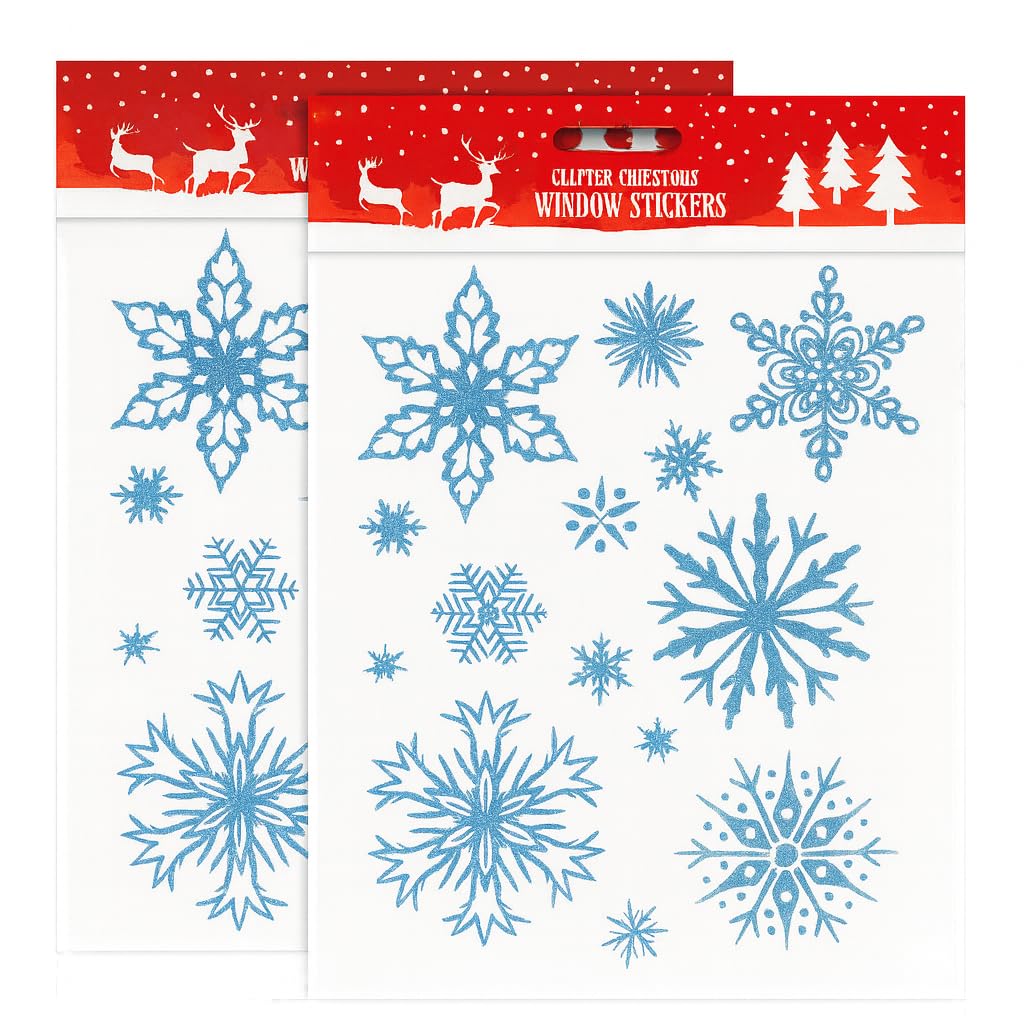 Lizzy Blue | Christmas Window Stickers | One Size, Rectangular Gel | Glitter Snowflake Designs, Static Cling, Reusable | Festive Xmas Window Decorations For Home & Shop Displays