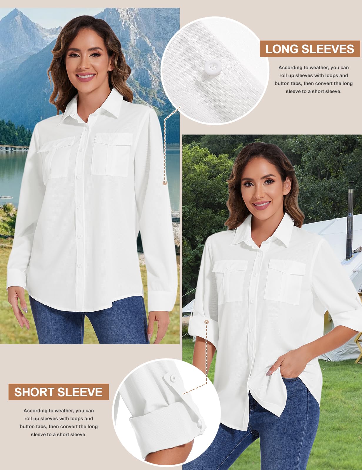 Tuopuda Hemdbluse Damen UV Shirt UPF50+ UV Schutz Safari Kleidung Wanderbluse Outdoor Cooling Sonnenschutz Langarm Luftiges Hemd Tops Sport Oberteile Atmungsaktiv