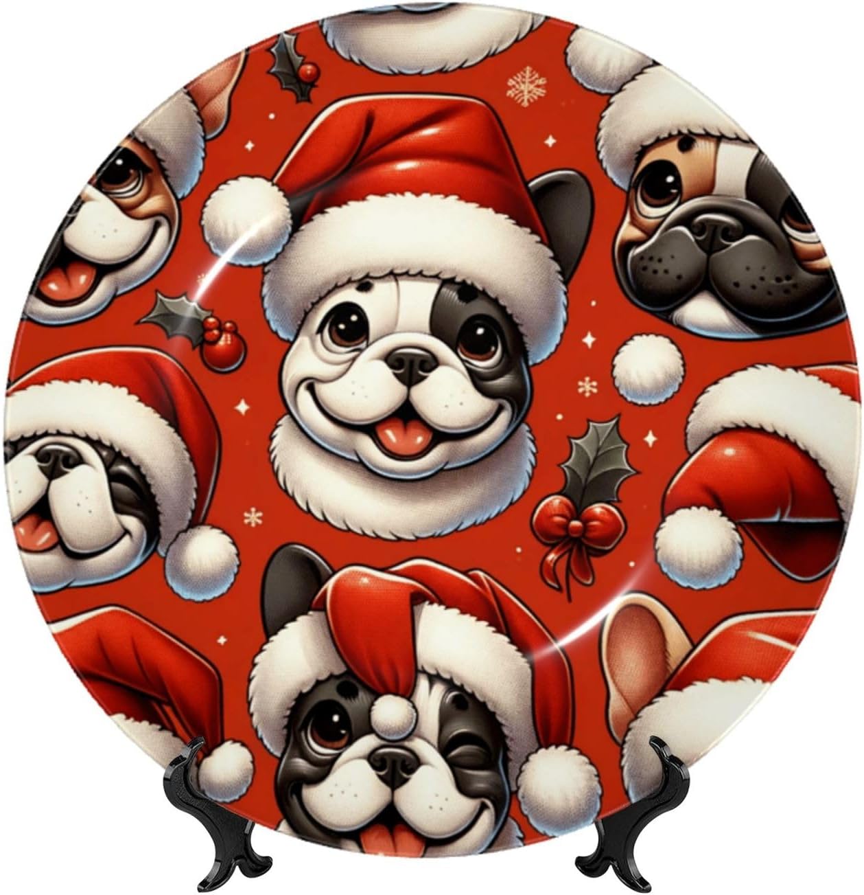 Christmas-Santa-Bulldogs 10 Inch Decorative Plate With Stand, Elegant Display Wall Plate For Home Decor