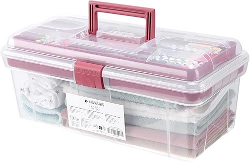 Navaris Caja de herramientas de plástico rosa 38 cm (15") Caja de almacenamiento de medicamentos con pestillo de bloqueo Caja organizadora de