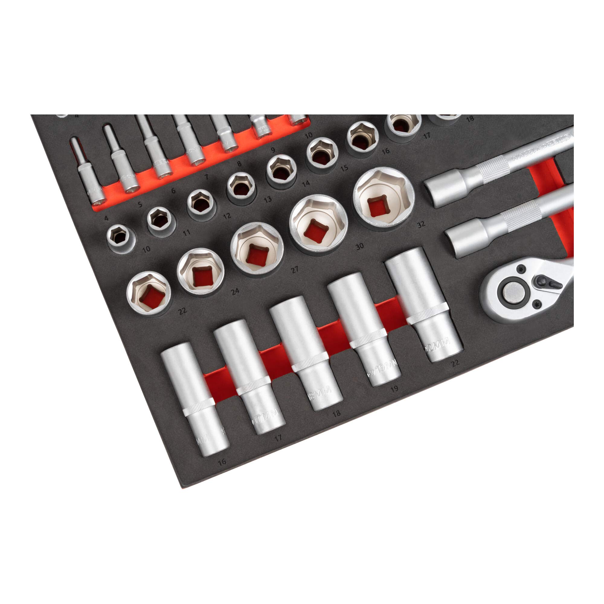 STIER Steckschlüssel Satz, 92-teilig, 1/4 Zoll 1/2 Zoll, mit Umschaltknarren, in Weichschaumeinlage, als Einlage Werkstattwagen, Chrom-Vanadium-Stahl