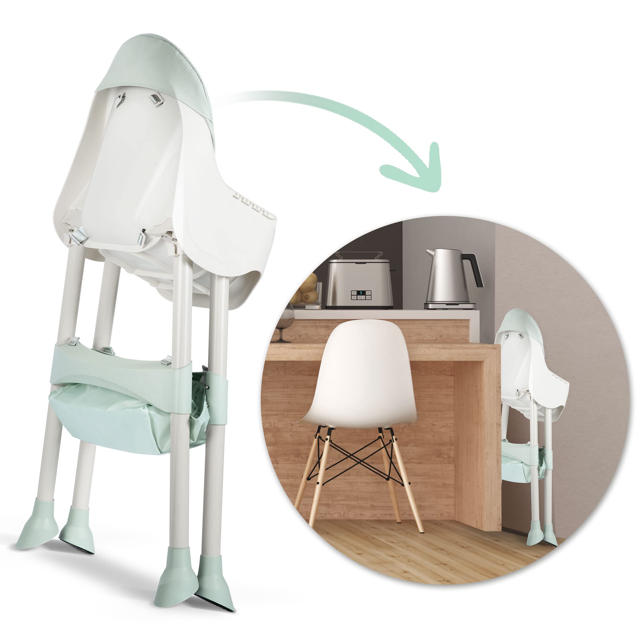 Ricko Kids - Seggiolone per bambini, con vassoio per mangiare, sedia per bambini, pieghevole, dalla nascita, facile da pulire, 83 x 60 x 110 cm, colore: verde