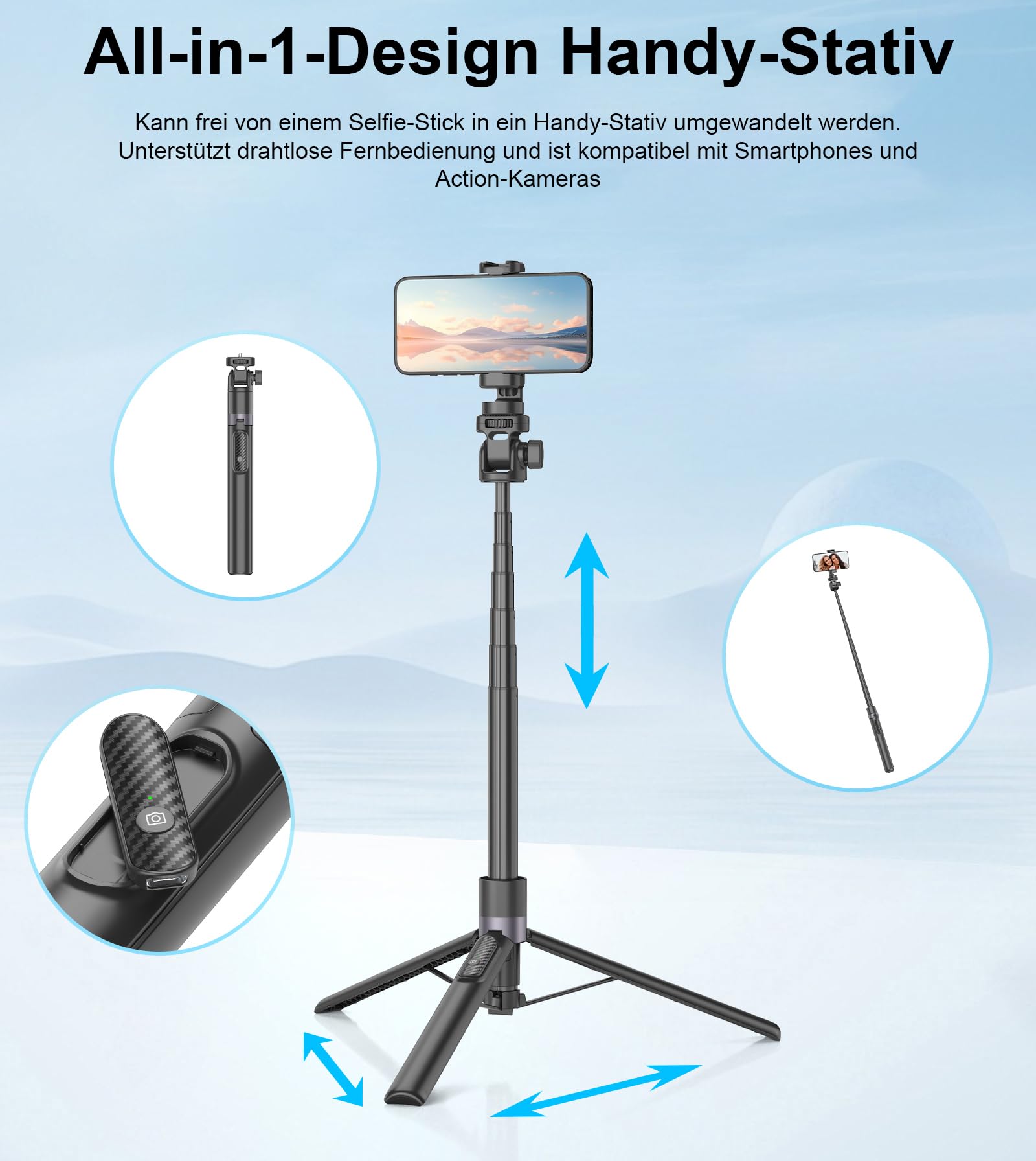 Gahenwo 173cm Selfie Stick Stativ, Einbeinstativ Tripod für Action-Kamera, All-in-1 Handy Stativ mit Fernbedienung,Tragbarer Reisen Telefonstativ-Ständer Foto Video-Kits kompatibel mit iPhone/Android